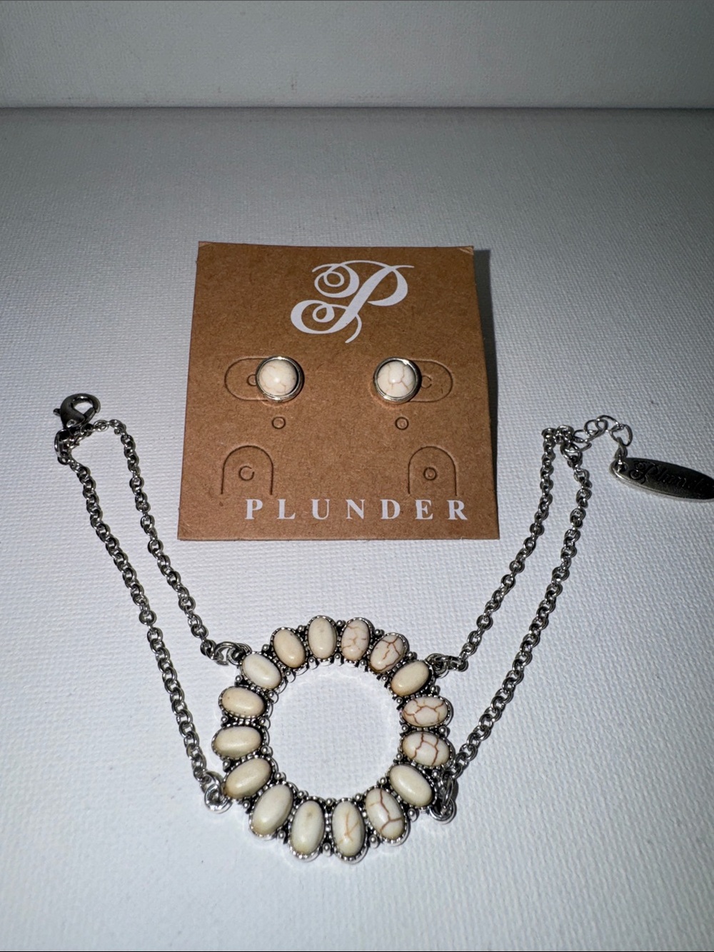 Plunder White Stone Boho Flower Double Chain & Earrings Set